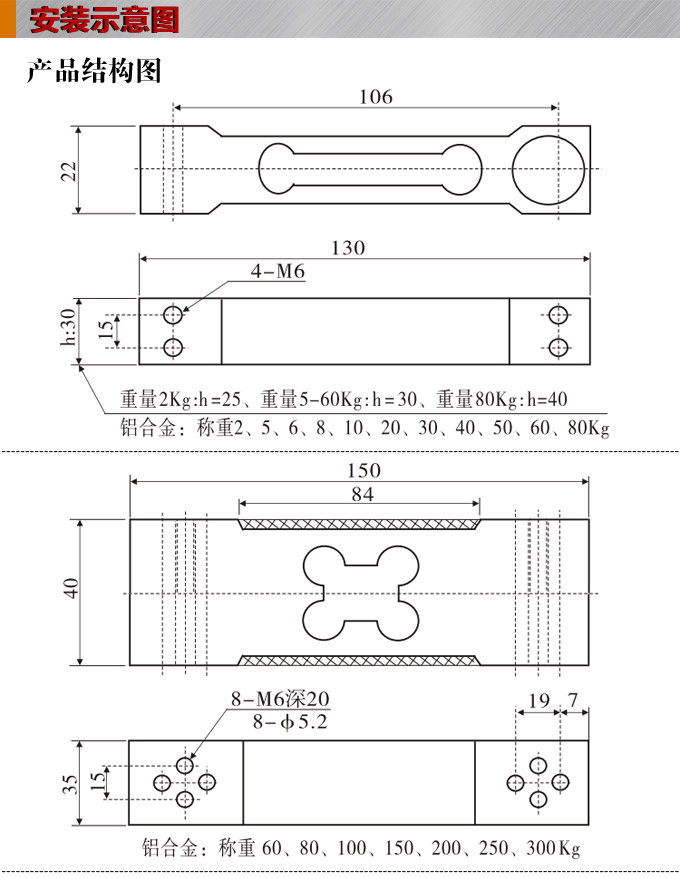 稱(chēng)重傳感器,PT5100L梁形稱(chēng)重傳感器,重量傳感器安裝示意圖